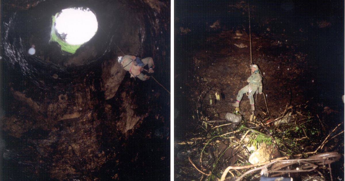 Ingresso (a sinistra) e risalita del pozzo della Gravinella profondo 40 metri (a destra)