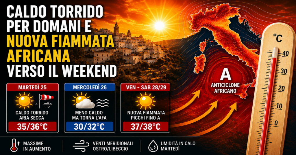 caldo torrido per domani 25 agosto